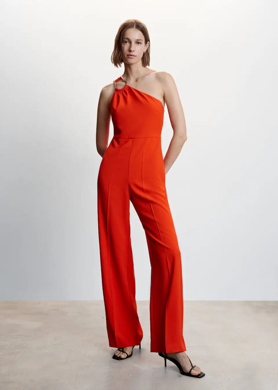 Asymmetrical jumpsuit with metallic detail