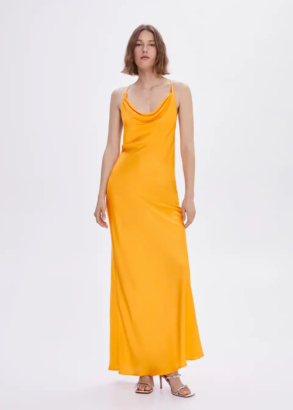 Draped neck satin dress