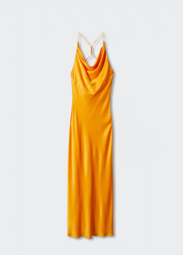 Draped neck satin dress