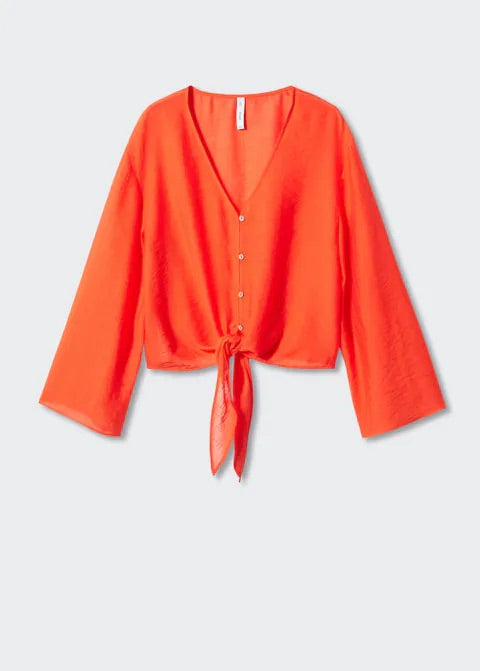 Flared-sleeve blouse with bow