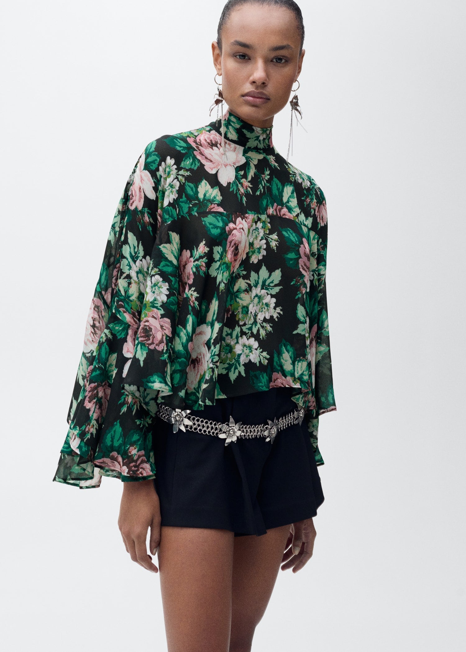 Floral-print turtleneck blouse