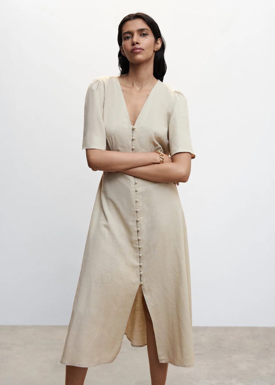 Buttoned linen-blend dress - Laurel Morgan