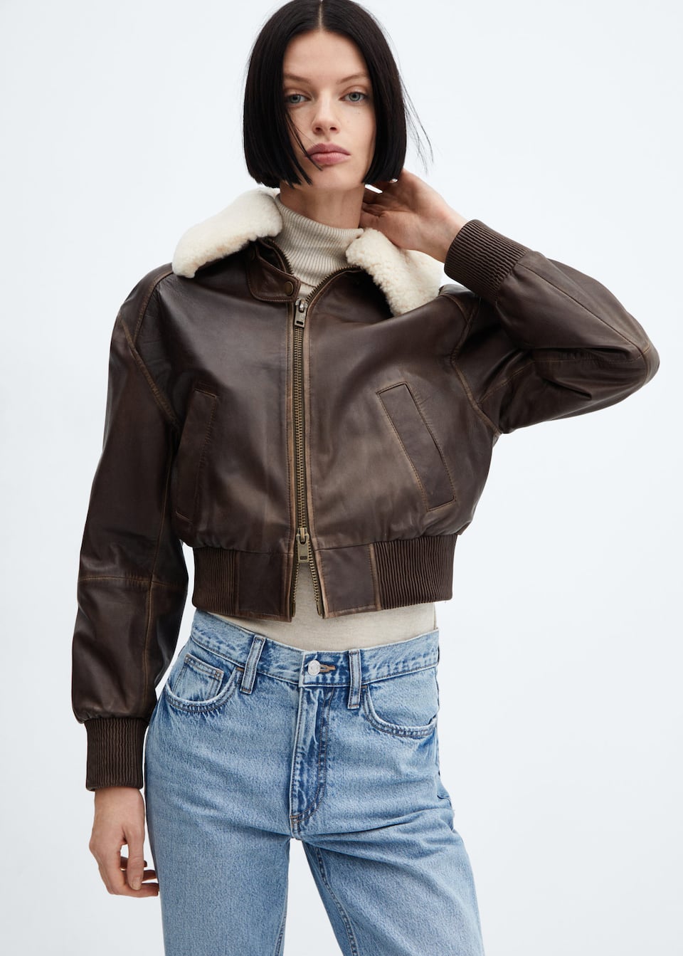 Leather bomber jacket with shearling collar - Laurel Morgan