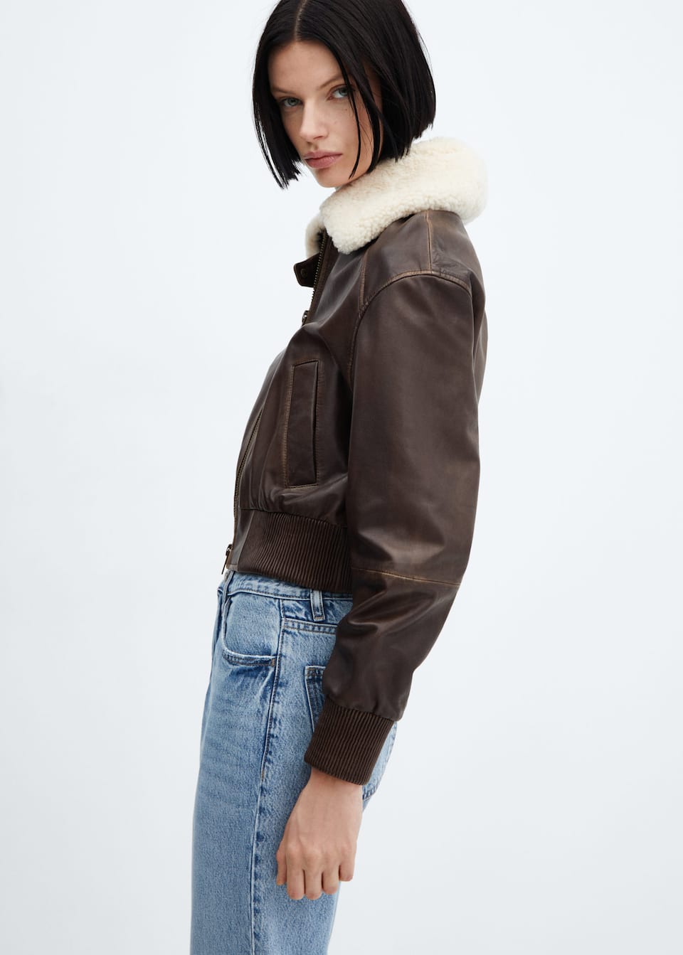 Leather bomber jacket with shearling collar - Laurel Morgan