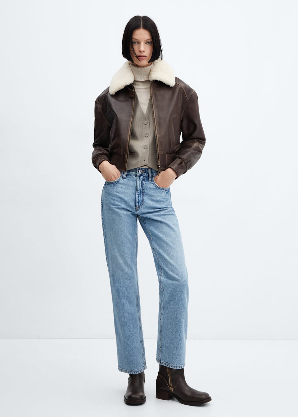 Leather bomber jacket with shearling collar - Laurel Morgan